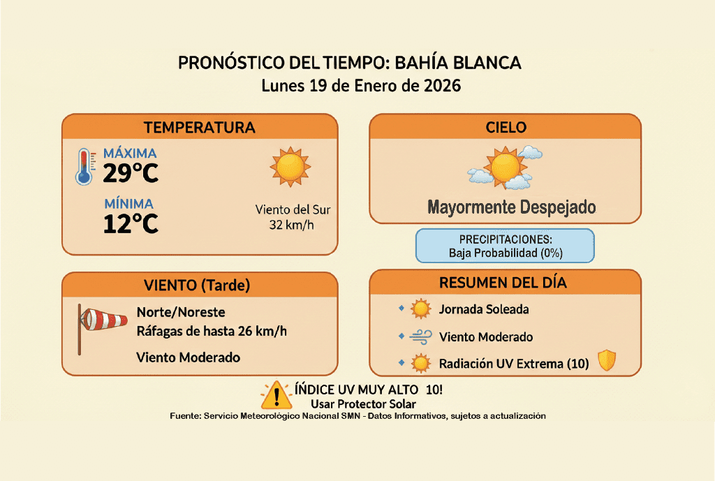 Lunes caluroso y a pleno sol en Bahía Blanca: la temperatura rozará los 29°C
